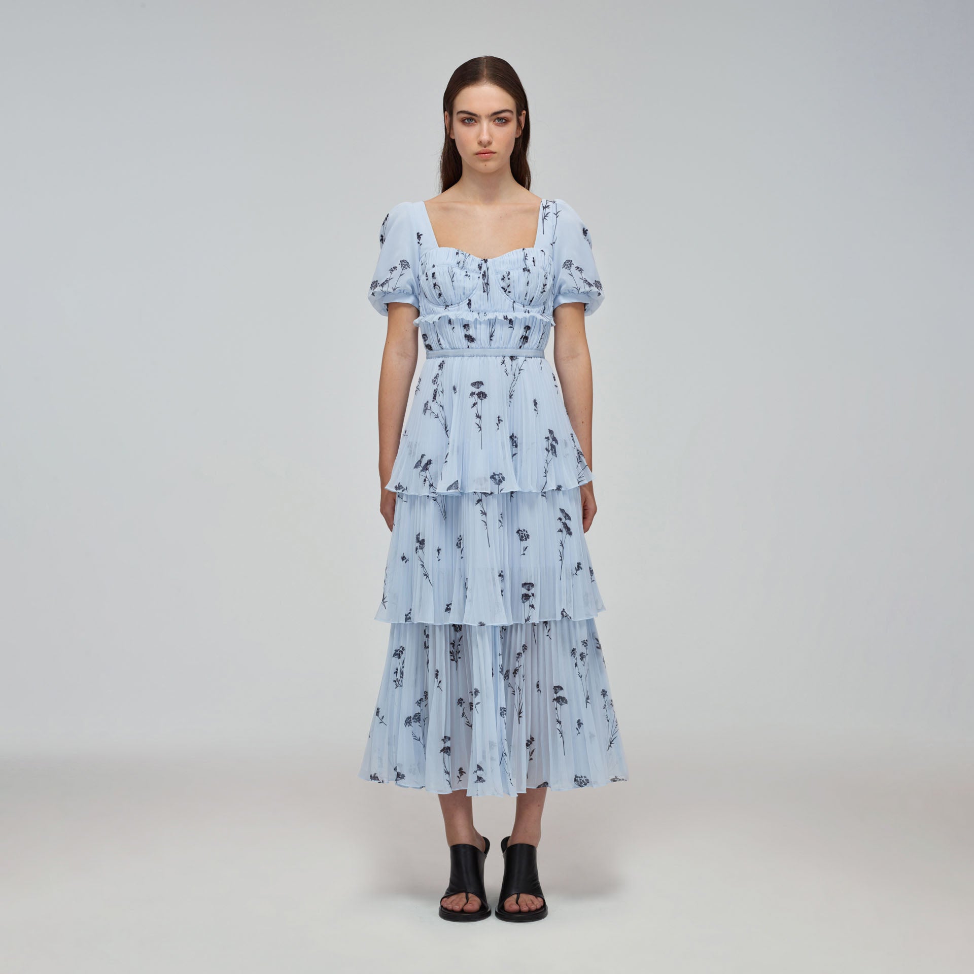 Blue Floral Silhouette Chiffon Tiered ...
